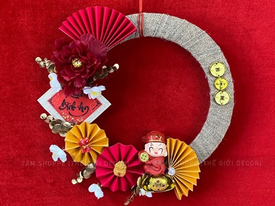 Vòng treo cửa Tết vải bố quạt xếp Mèo Thần Tài [2 Kiểu] ĐK 35cm VTC-T-48